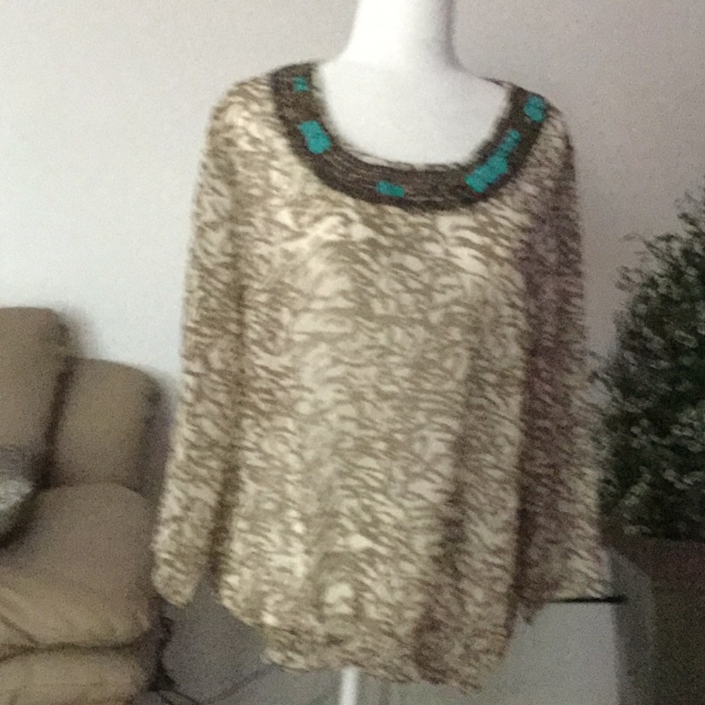 Semi-Sheer Blouse. Taupe & Cream, Beaded Neckline.